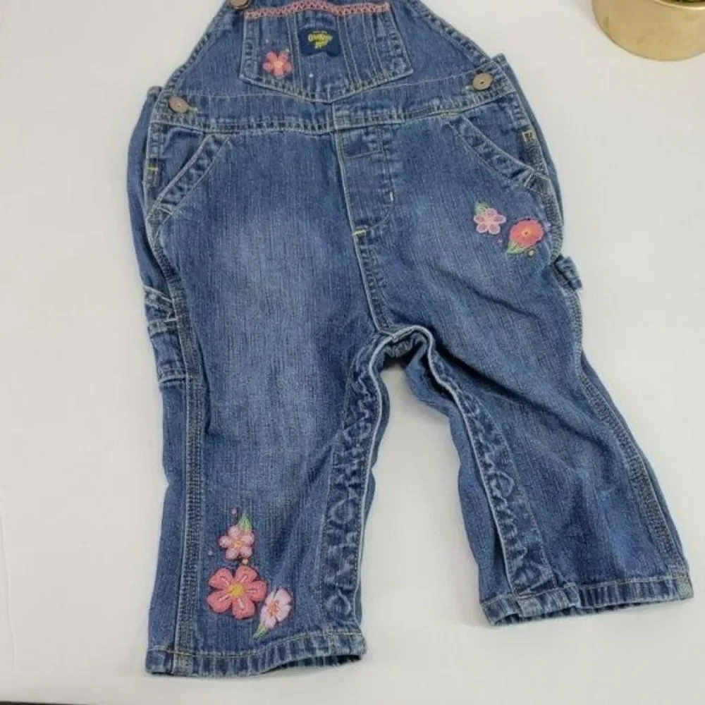 OshKosh B'Gosh Overalls Girl 12 Month Denim‎ Jean Floral Distressed Snaps